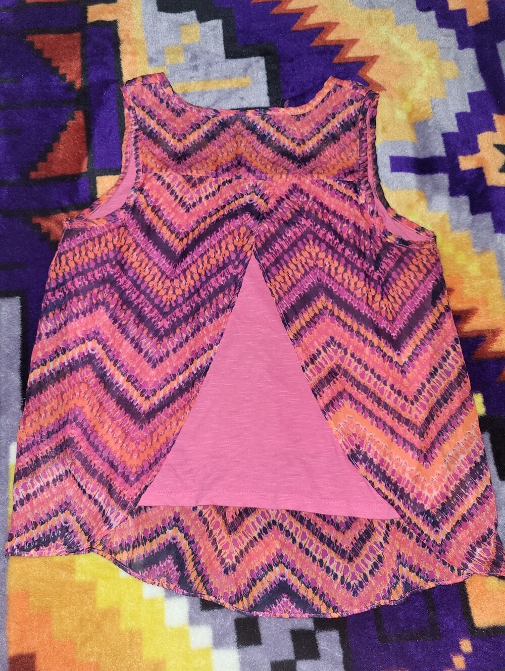 Allison Britney Chevron Sleeveless Blouse High-Low Tank Pink Purple Large